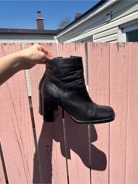 Women's Black Leather High Block Heel Ankle Boot